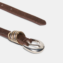 CRESCENT BUCKLE MIXED METAL BELT CHESTNUT CALF HAIR