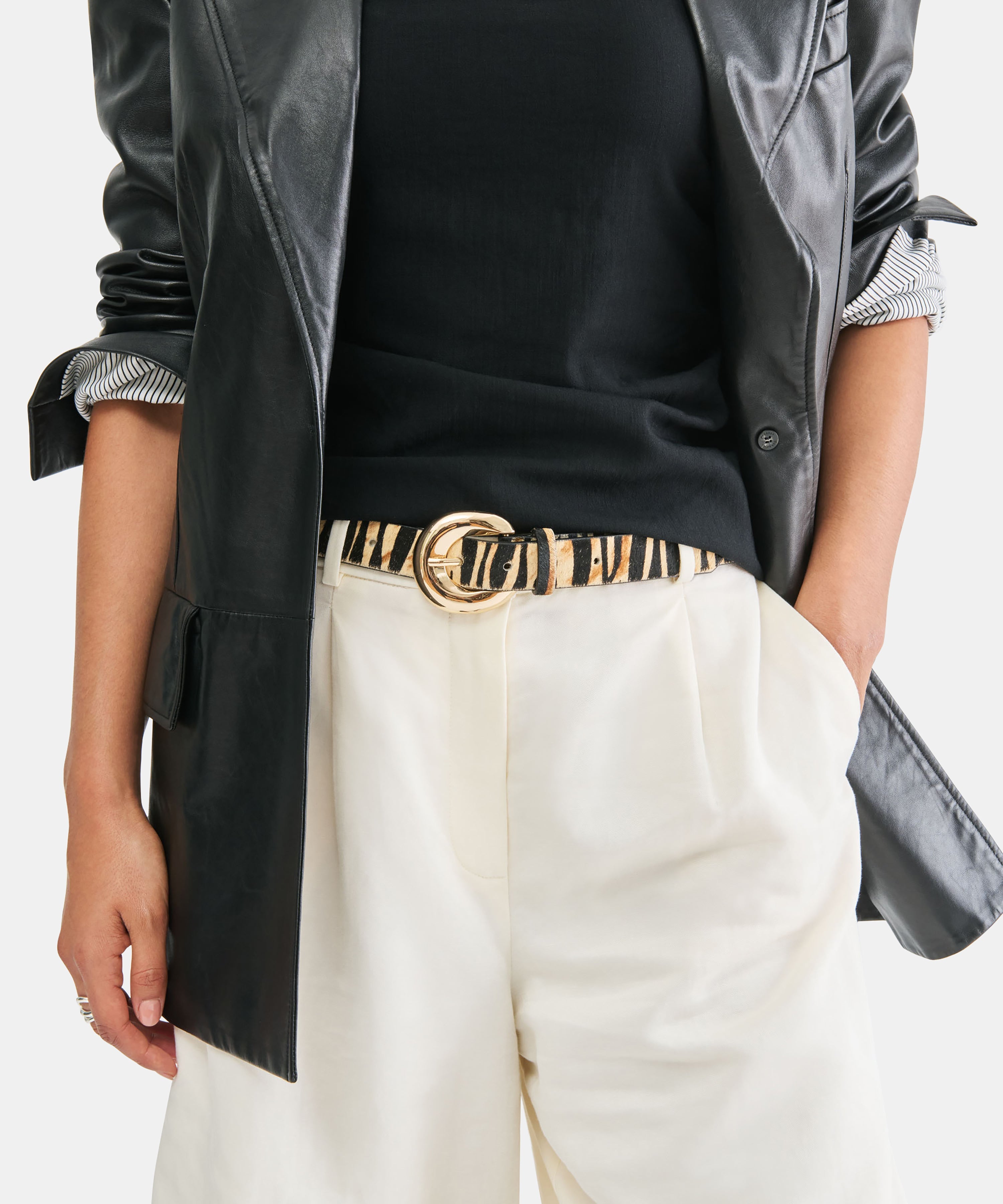 CHUNKY CURVED BUCKLE BELT TAN ZEBRA CALF HAIR