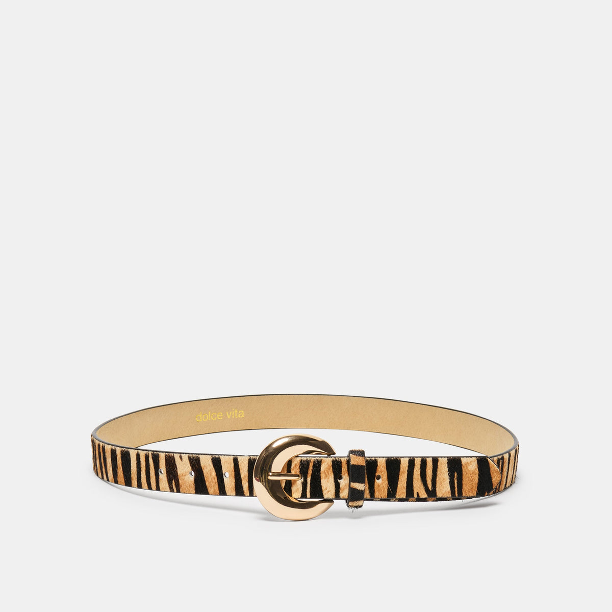 CHUNKY CURVED BUCKLE BELT TAN ZEBRA CALF HAIR